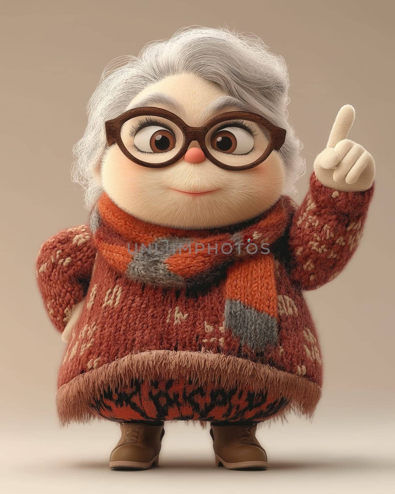 Cartoon dissatisfied elderly woman shakes her finger, on a white background. Selective focus.