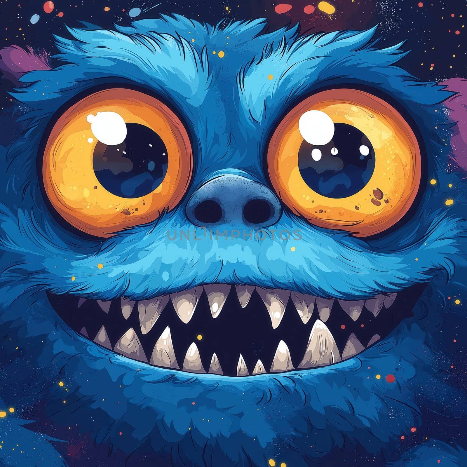 A vibrant cartoon monster character featuring a wide grin and bulging eyes in a quirky design. Selective focus.