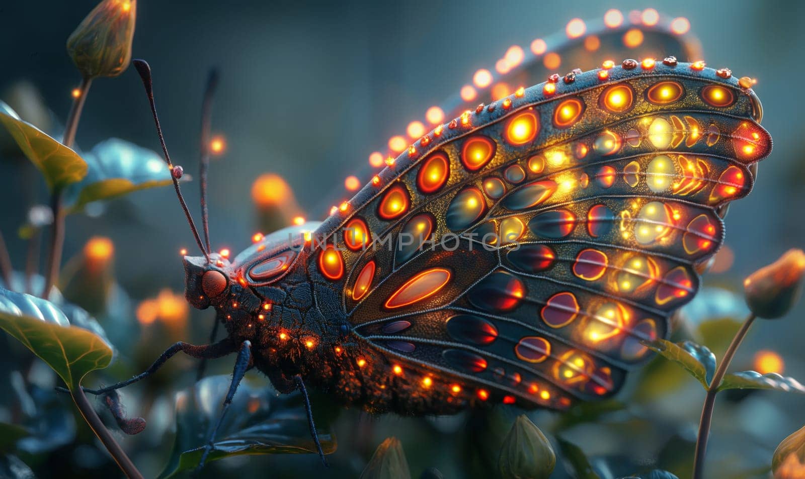 Mystical butterfly with glowing wings on flowers. Selective focus.