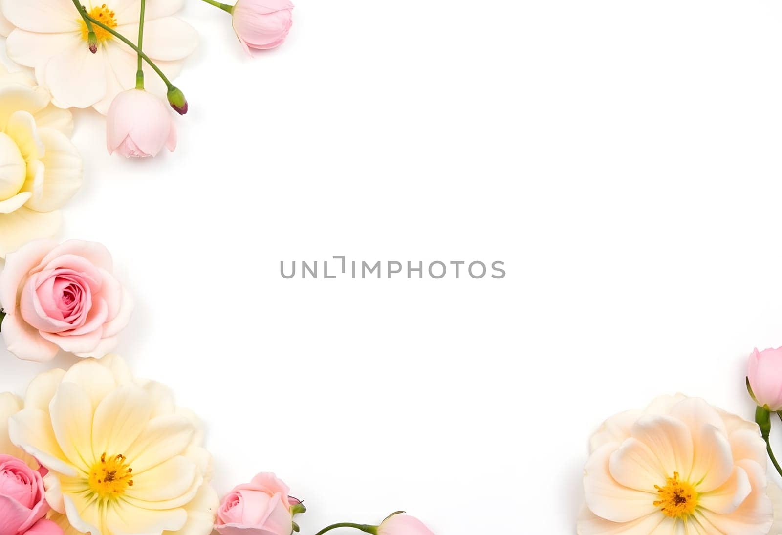 A beautiful arrangement of white and pink spray roses against a white background, creating a soft and elegant floral display. Perfect for romantic and decorative designs