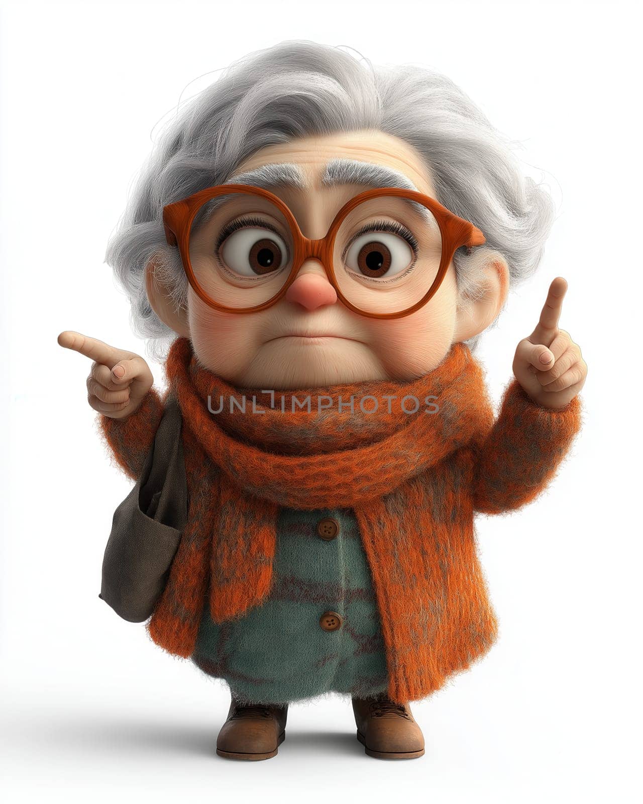 Cartoon dissatisfied elderly woman shakes her finger, on a white background. Selective focus.