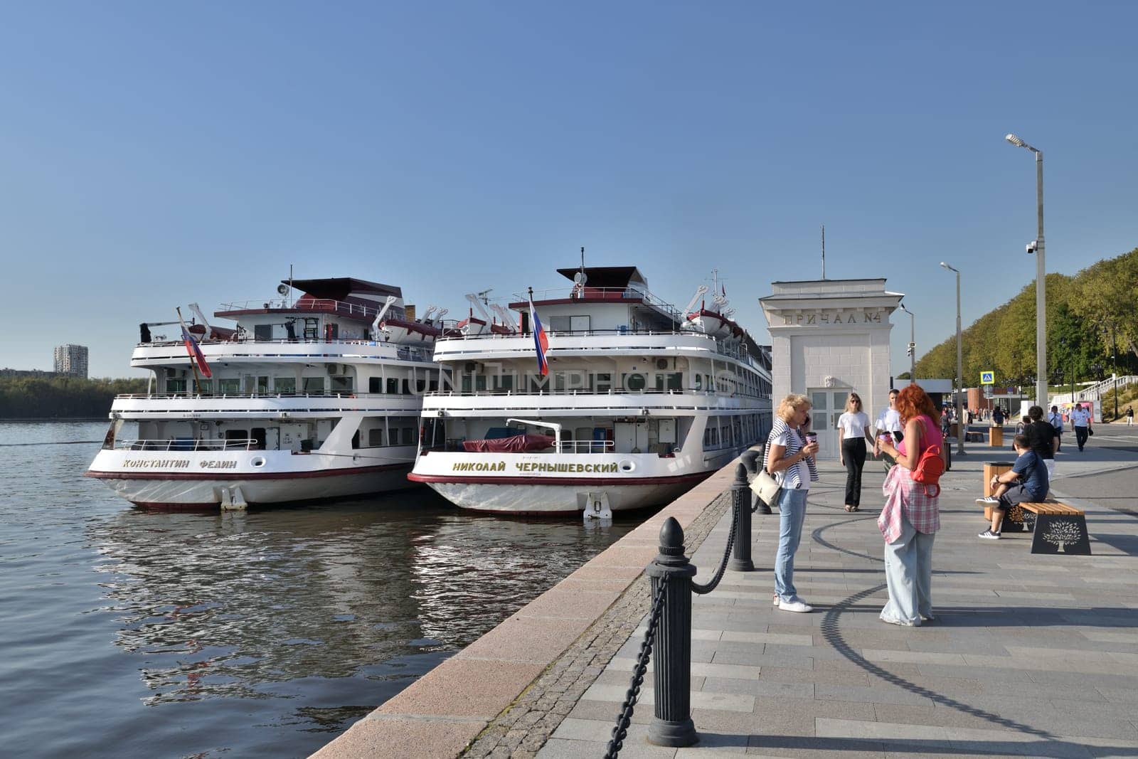 Moscow, Russia - Sept 7. 2024. Passenger ships at pier of the Northern River Terminal