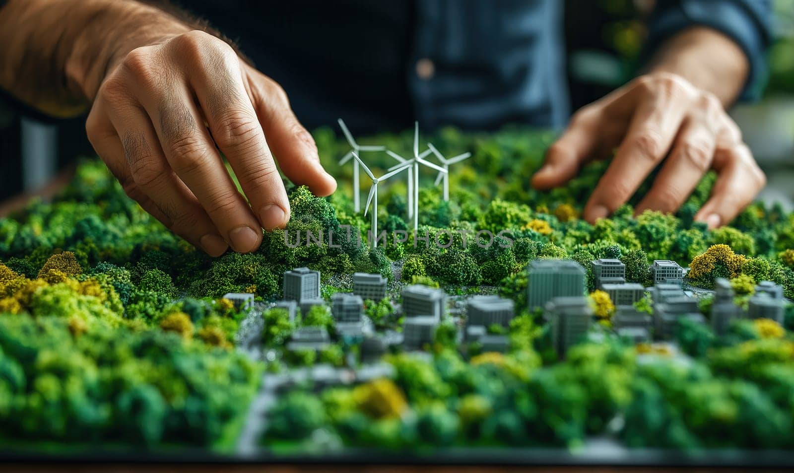 Hands making a miniature model of a cityscape with wind turbines, green energy. Selective focus.