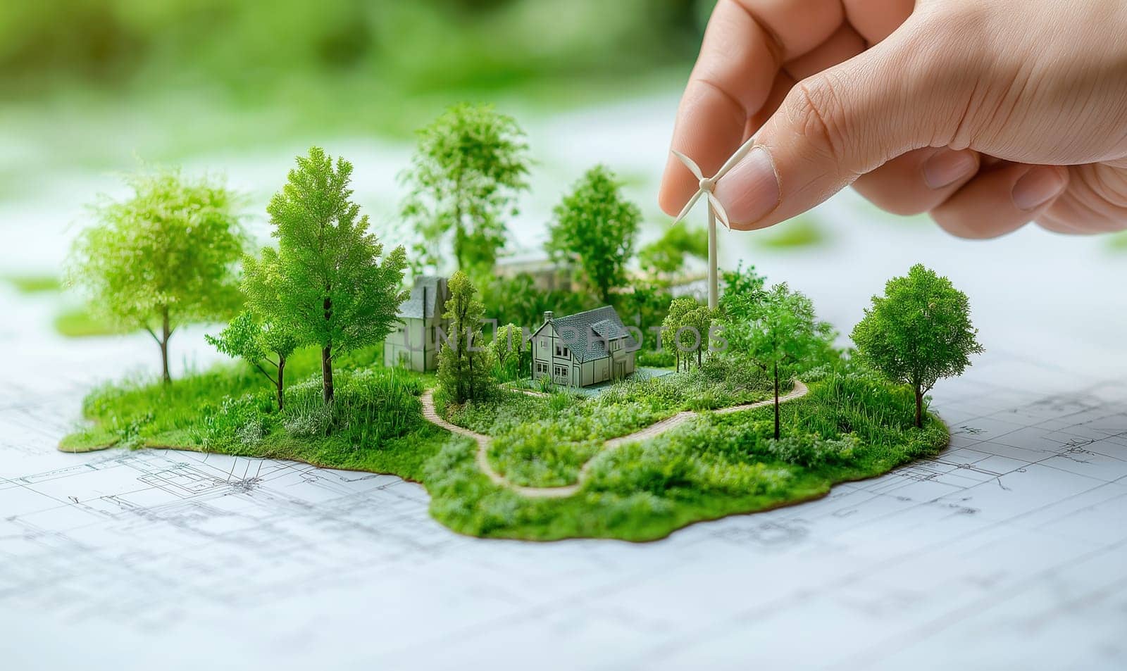 Hands making a miniature model of a cityscape with wind turbines, green energy. Selective focus.