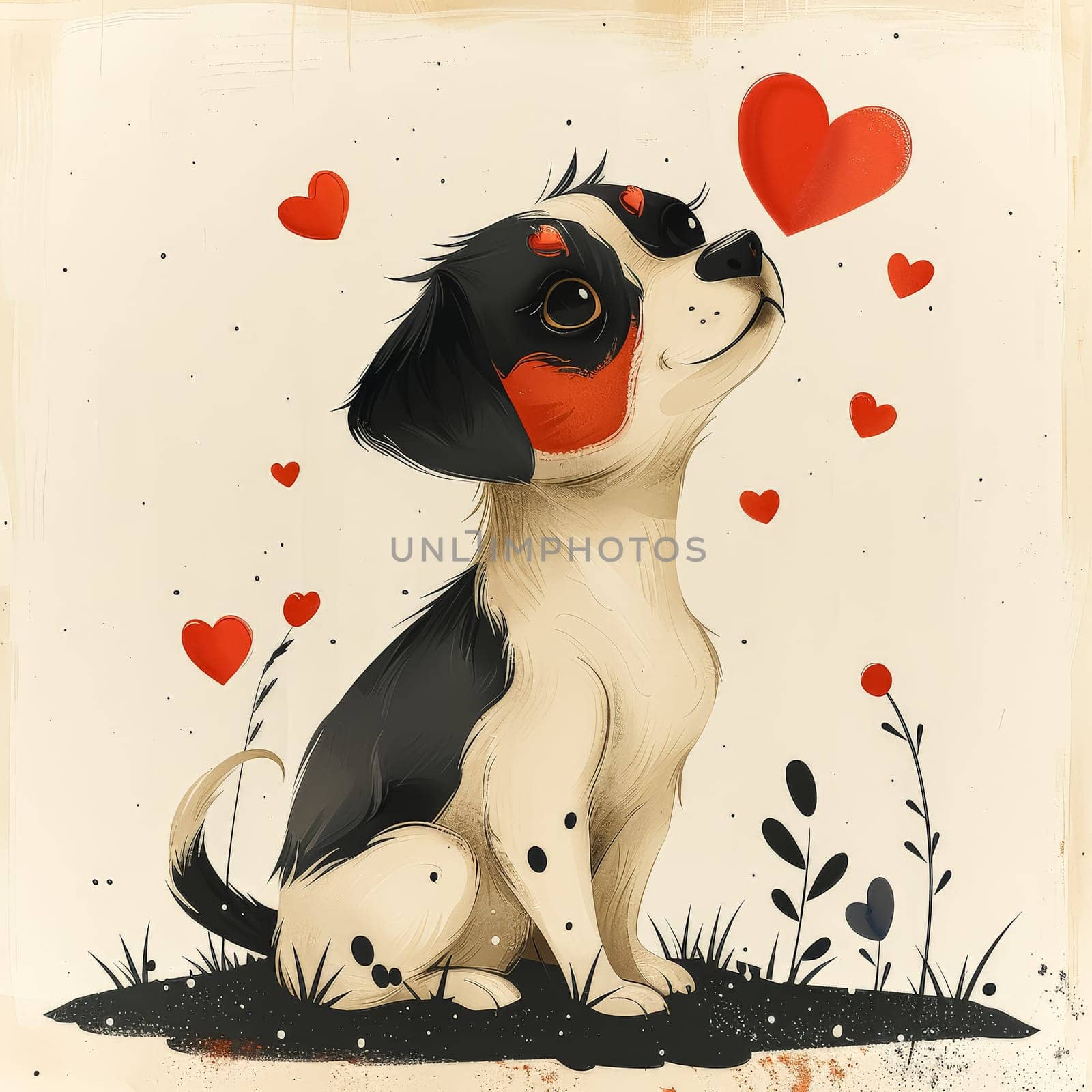 Cute dog with a heart on its face is sitting in a field of flowers. The dog is surrounded by many hearts, which suggests that it is a special and heartwarming moment
