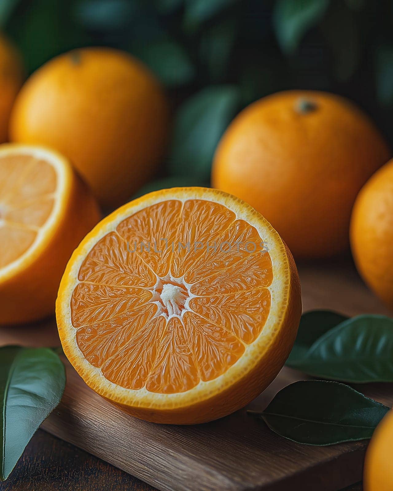 A juicy cut orange lies on a wooden board. Selective focus.