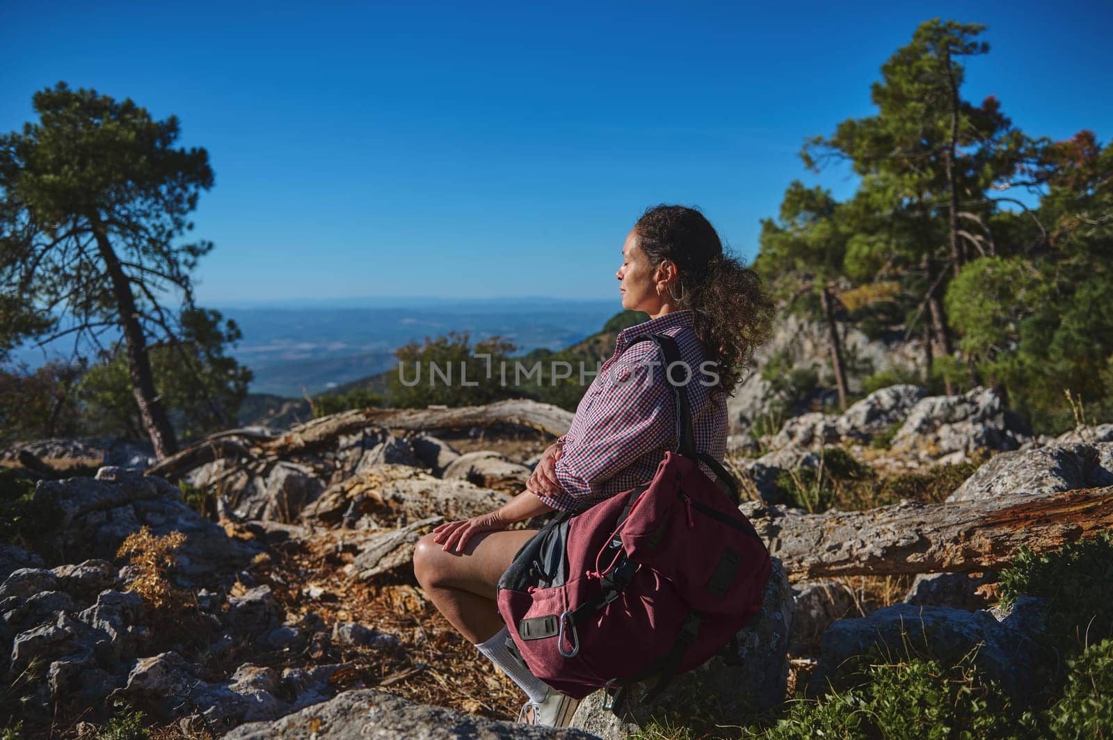 A woman sits on a rocky terrain, absorbing the scenic beauty of a mountainous landscape. Surrounded by trees, she carries a backpack, embodying tranquility and adventure.
