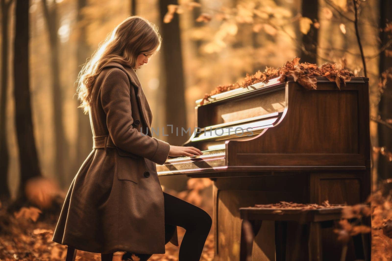 An artist wearing a hat is gracefully playing a piano in the forest, creating beautiful music with her skilled fingers on the keyboard