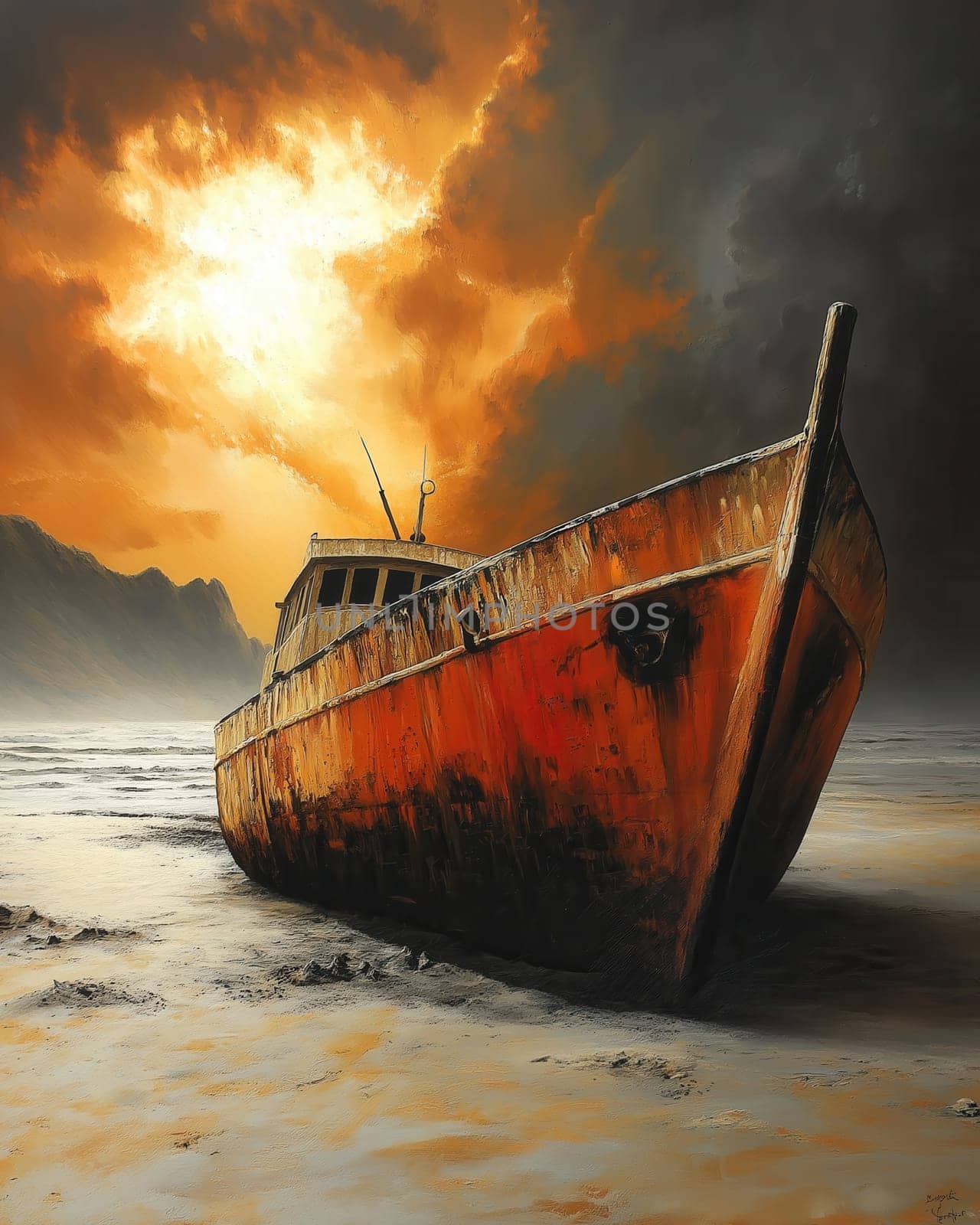 Abandoned boat falling apart in the desert against the backdrop of thunderclouds. Selective focus.