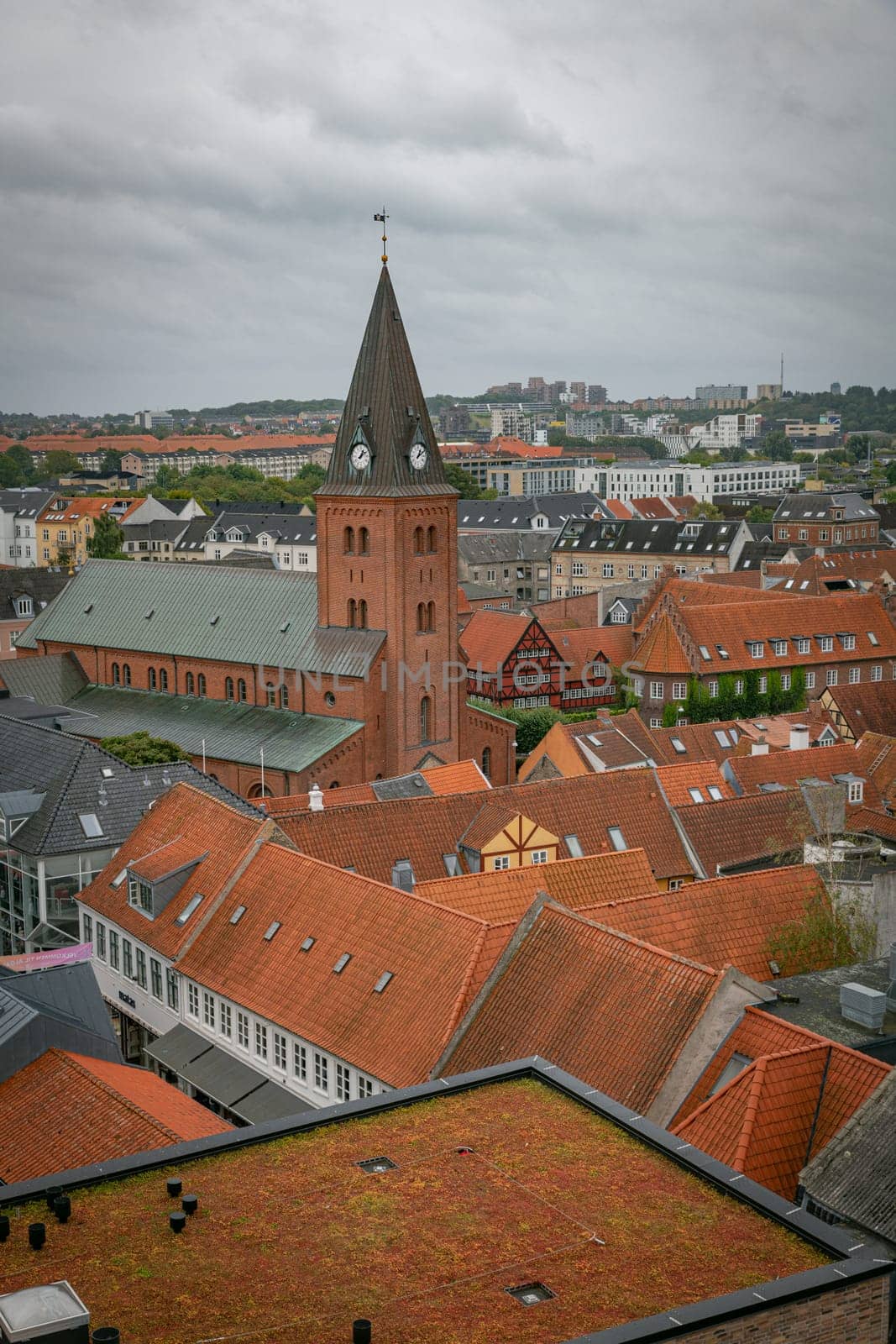 Denmark, Jutland, Aalborg, elevated city view from a rooftop with the church and houses with red rooftops