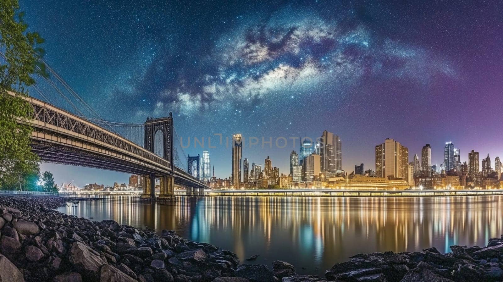 The milky way galaxy is rising above the manhattan bridge and the illuminated skyline of new york city, creating a breathtaking view