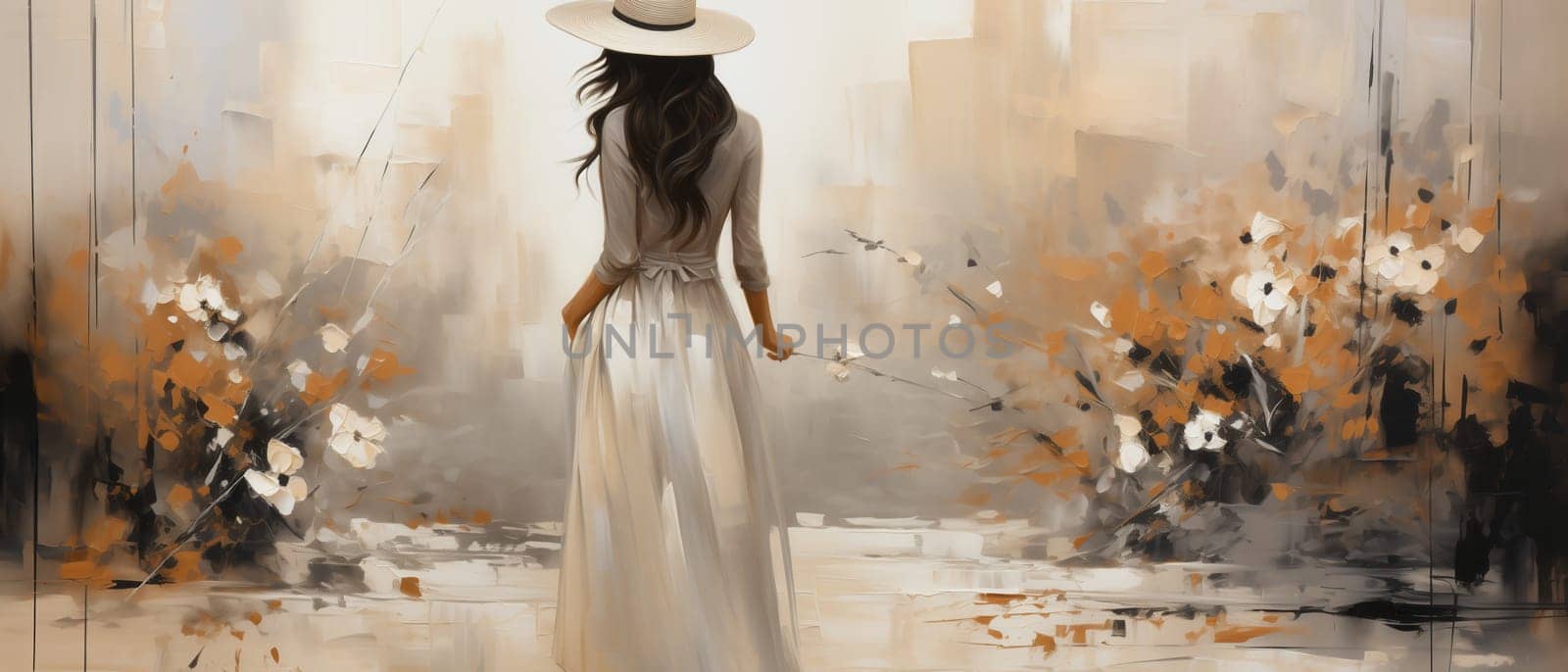 Abstract painting, painting woman in hat and flowers.on textured background. Selective focus.