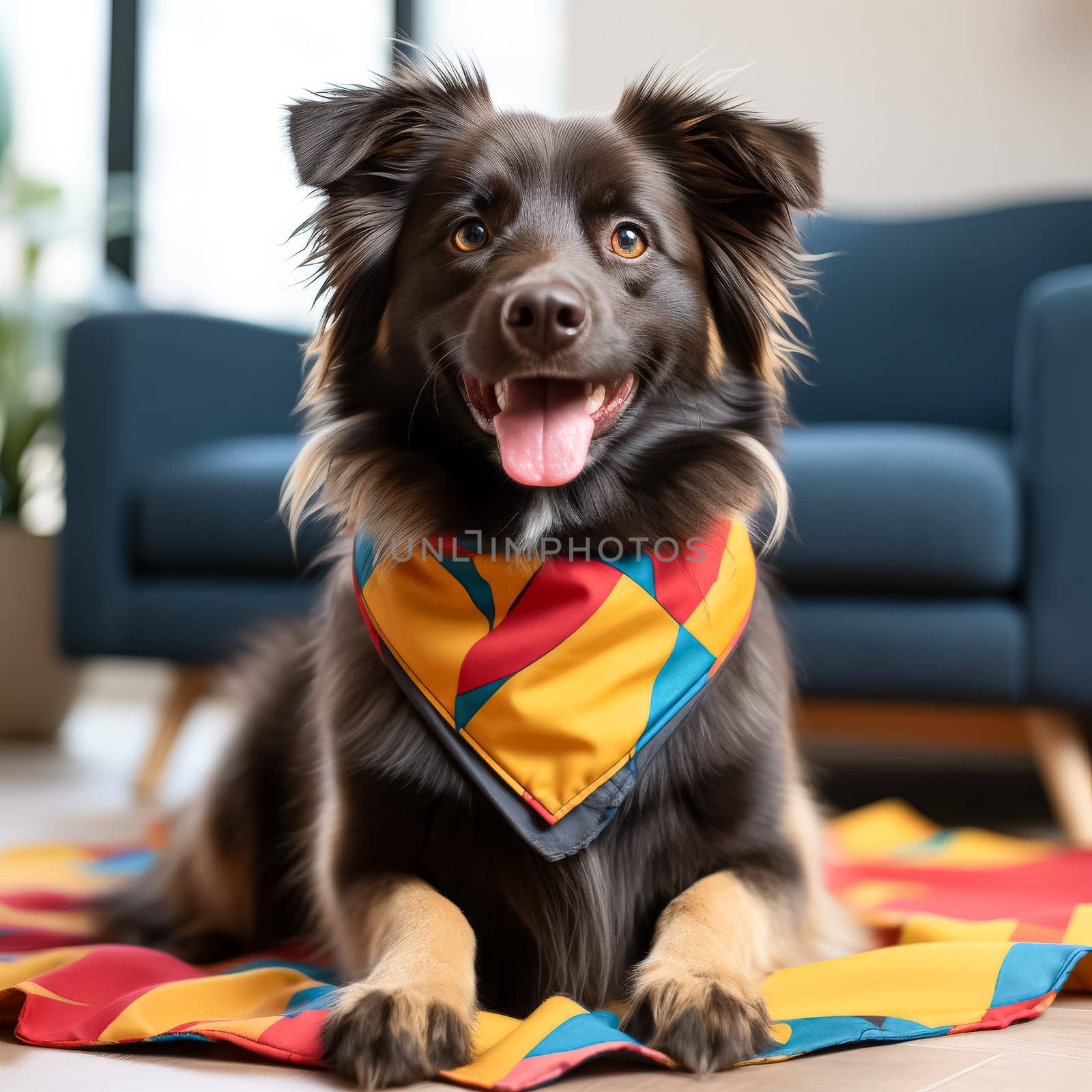 Small black dog wearing a yellow bandana sits on a wooden floor. The dog has a happy expression on its face and is looking at the camera