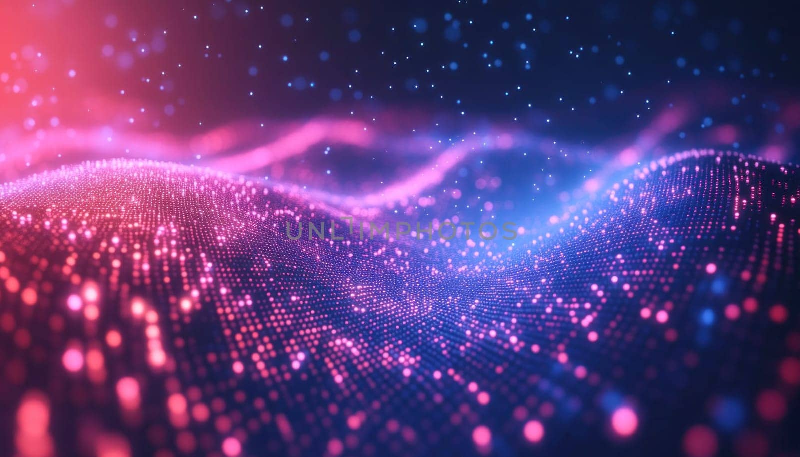 Abstract pink and blue particles landscape background forming a wave shape