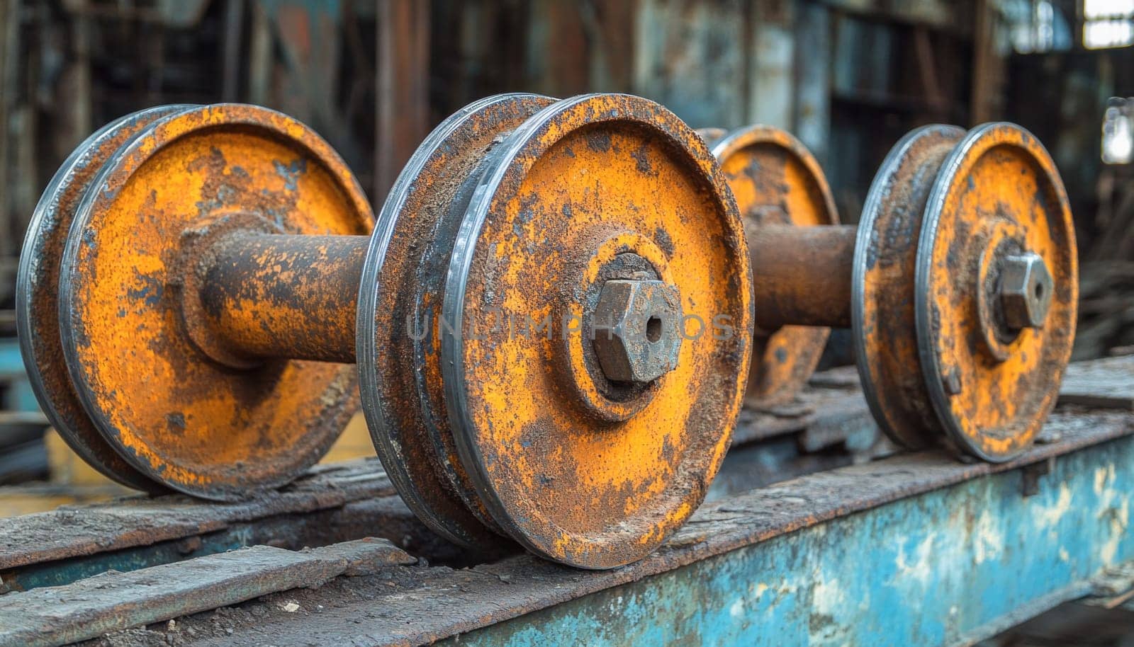 Rusty industrial wheels lying on a metal surface in an abandoned factory