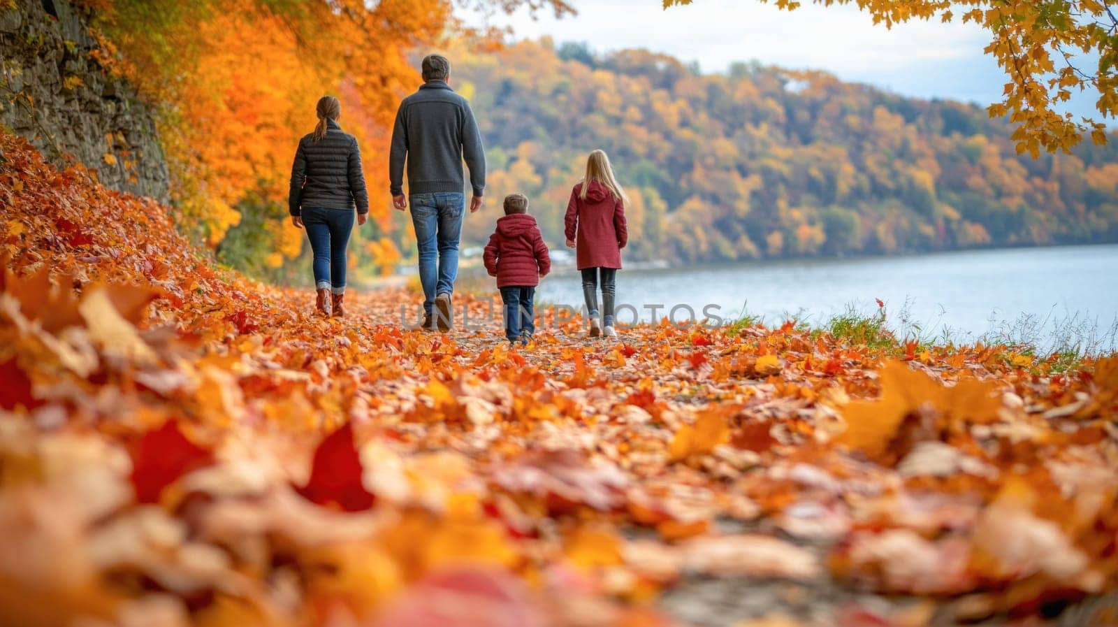 Family is taking a walk in the forest on a trail next to a lake in autumn