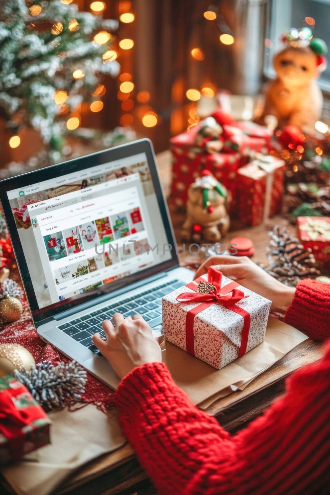 Woman wrapping christmas presents at home, looking for inspiration on a laptop