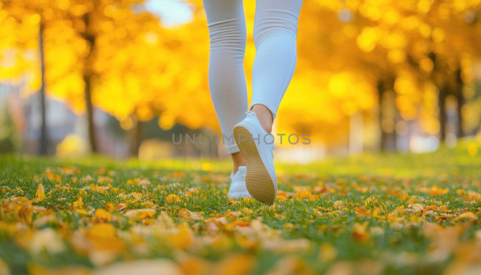 Woman wearing white pants and sneakers walking away on grass covered with colorful autumn leaves