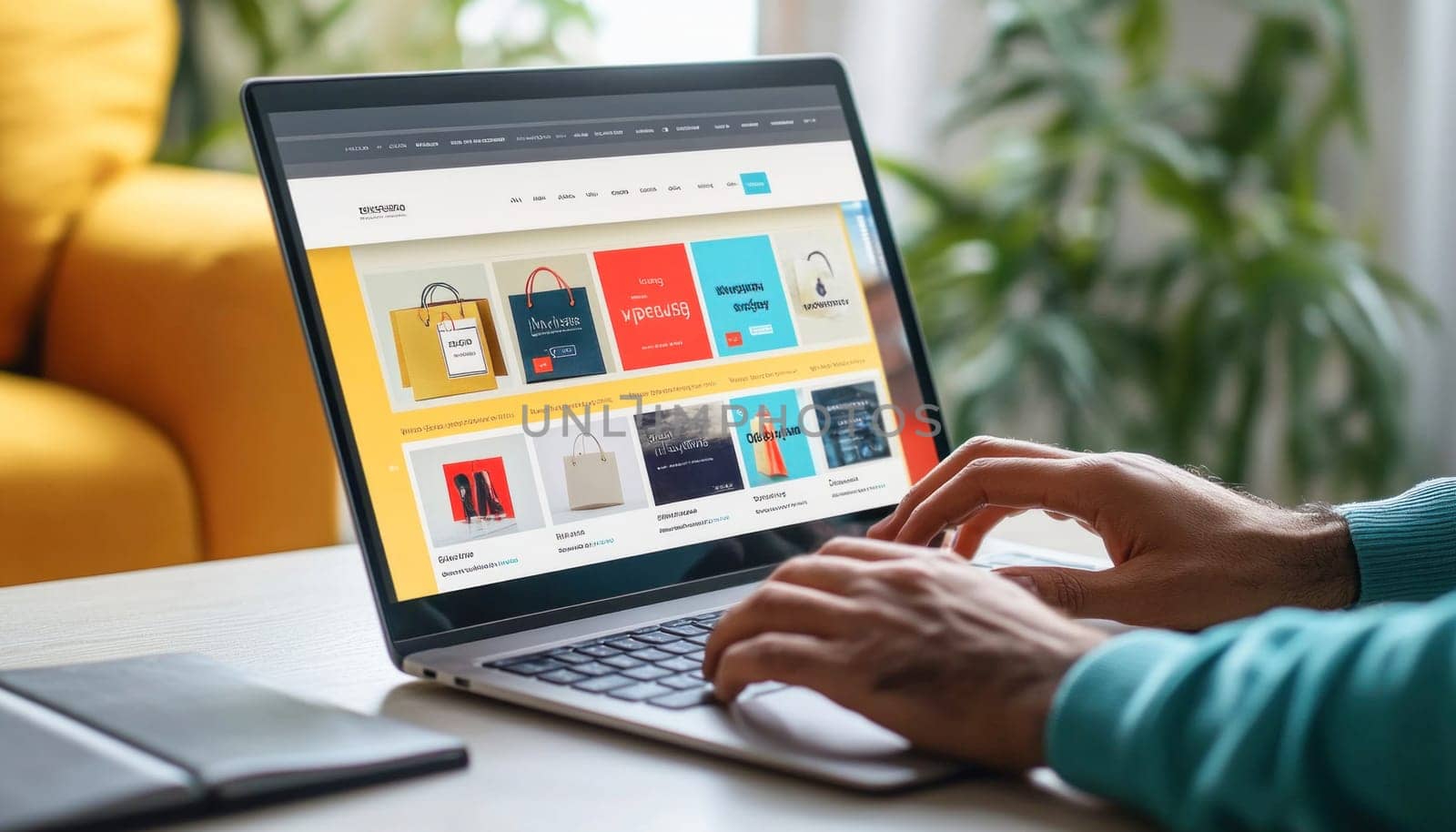 Man is browsing an ecommerce website on his laptop, looking for products to buy