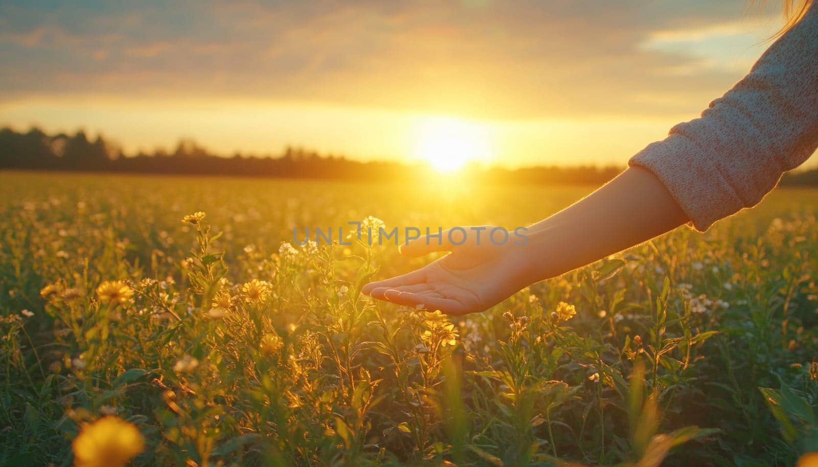 Woman is gently touching wildflowers growing in a field at sunset