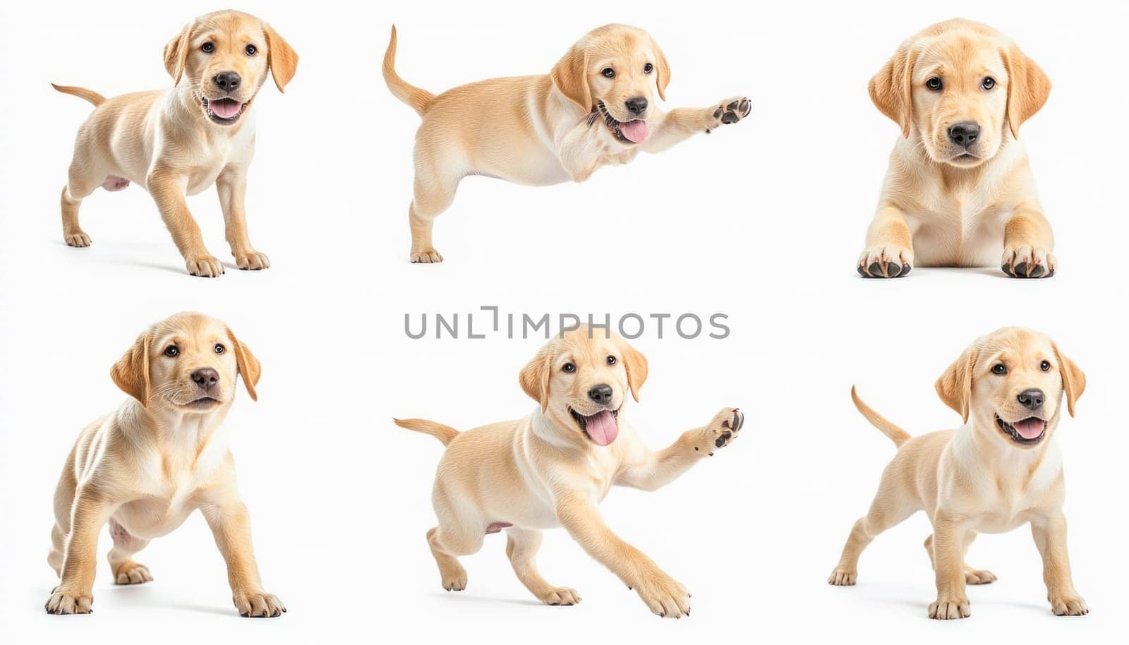 Six labrador retriever puppies playing on a white background