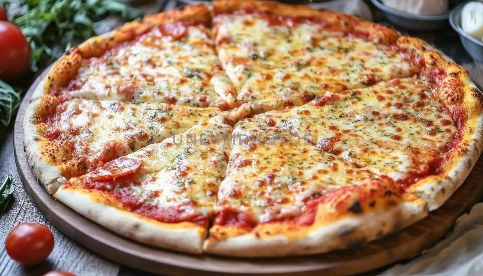 Freshly baked pizza with melted mozzarella cheese and oregano being served on a wooden board