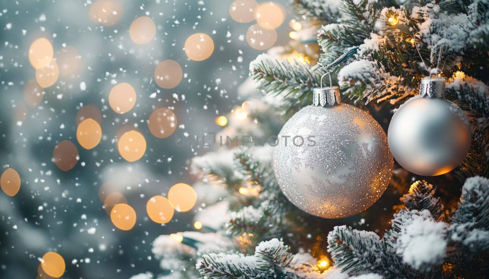 Silver christmas ornaments hanging on a snow covered christmas tree with twinkling lights and falling snow in the background