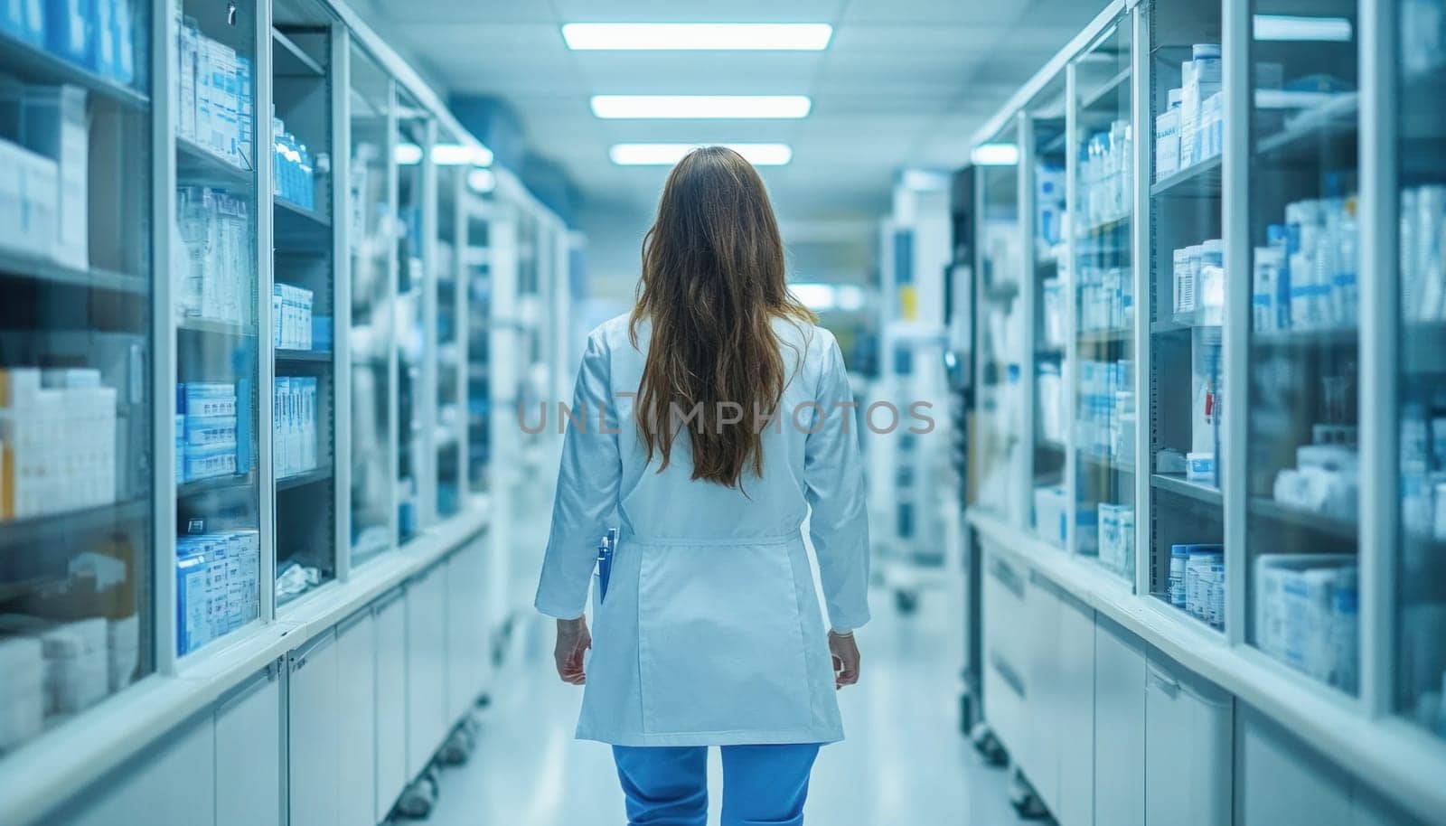 Scientist is walking down the aisle of a medical research laboratory