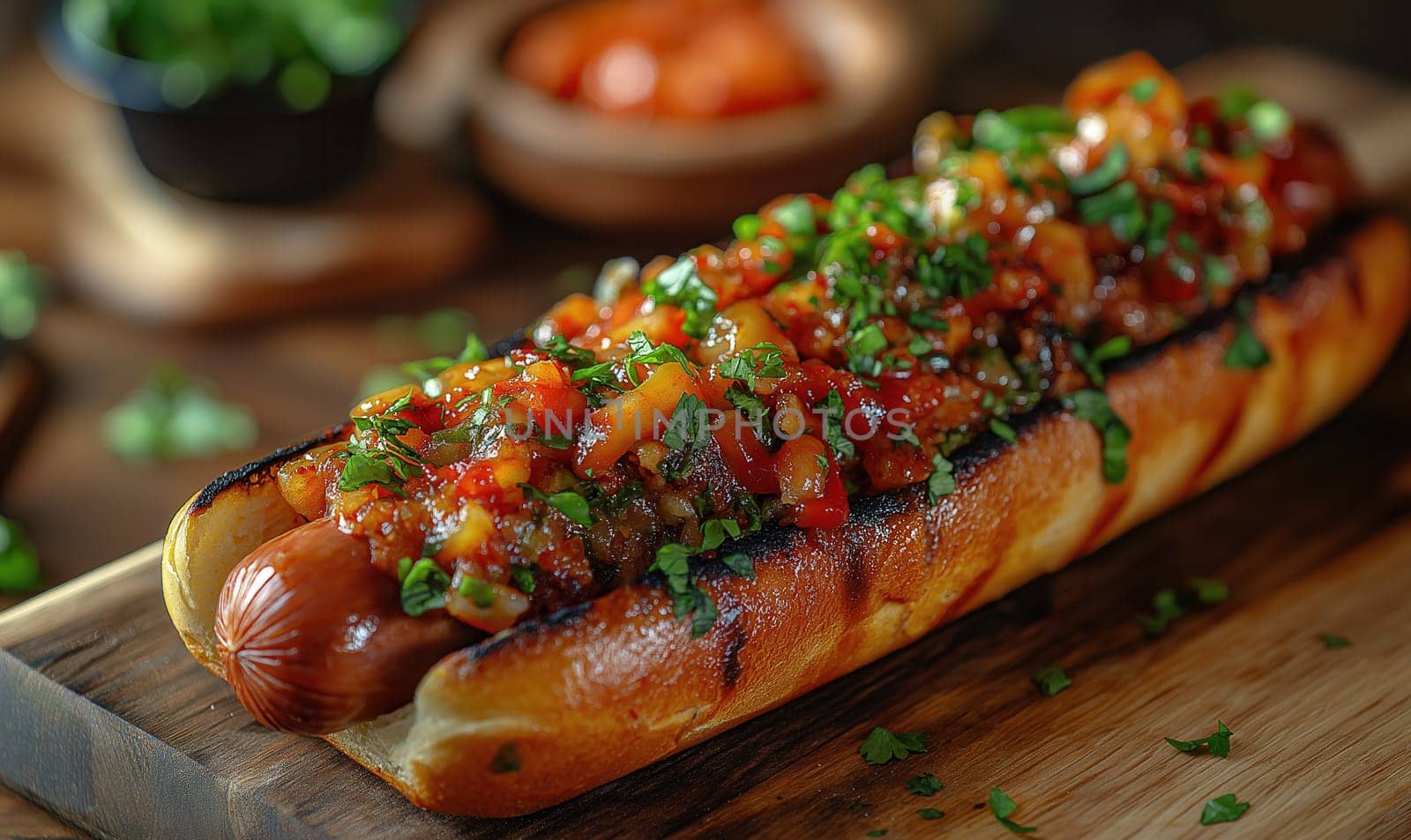 Juicy hot dog with fresh filling on a wooden board. Selective focus.