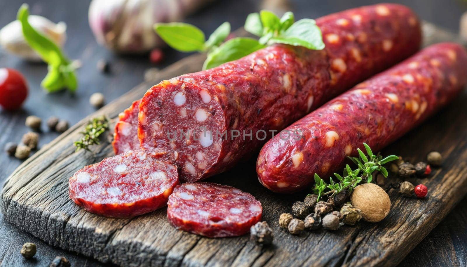 Sliced salami is laying on a cutting board with herbs and spices