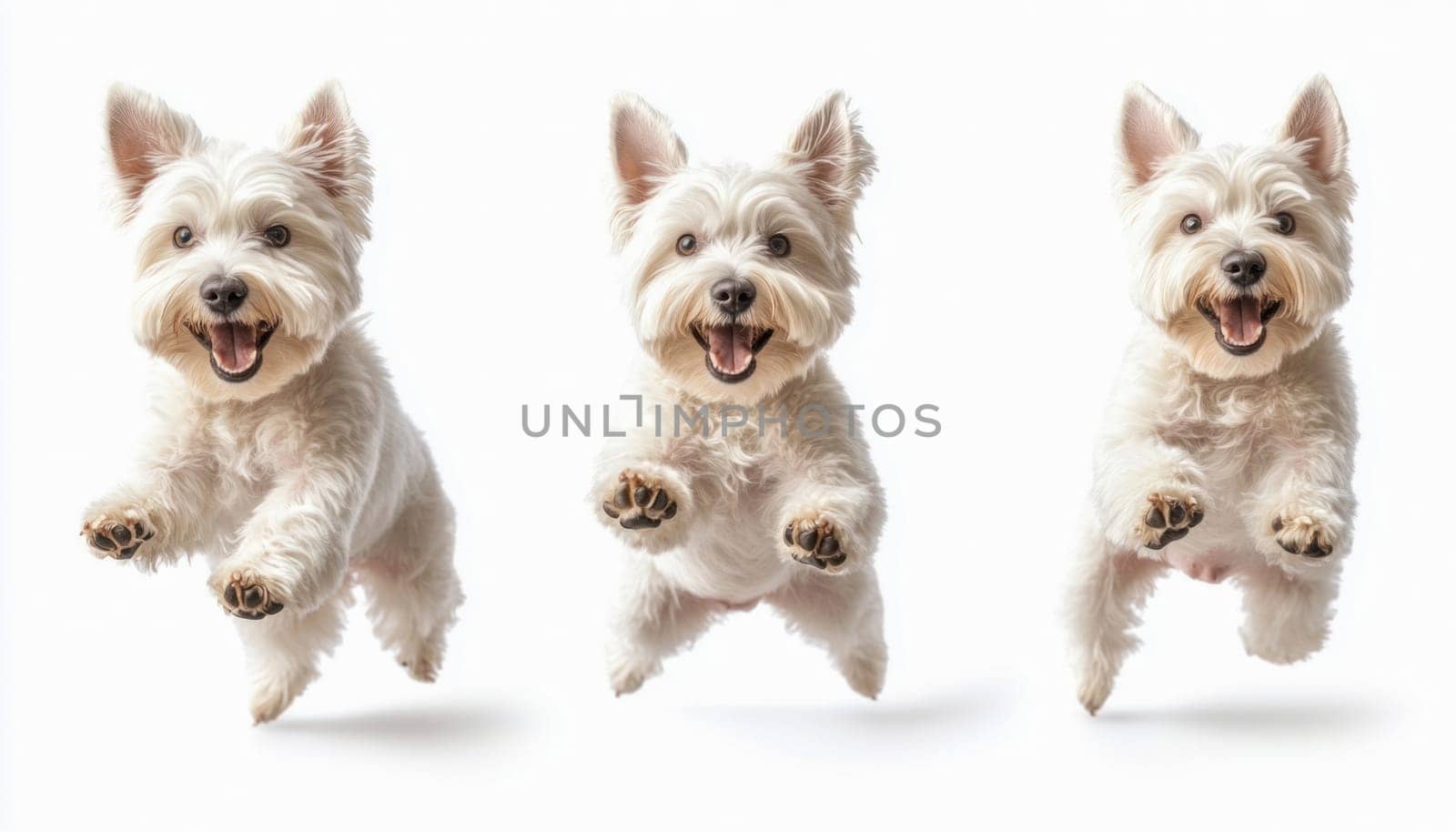 Three west highland white terriers are jumping simultaneously and looking happy with their mouths open