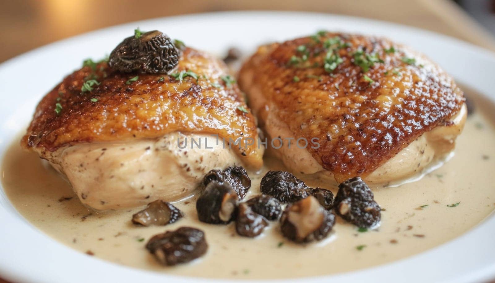 Two roasted chicken thighs are resting on a bed of morel mushrooms in a creamy sauce