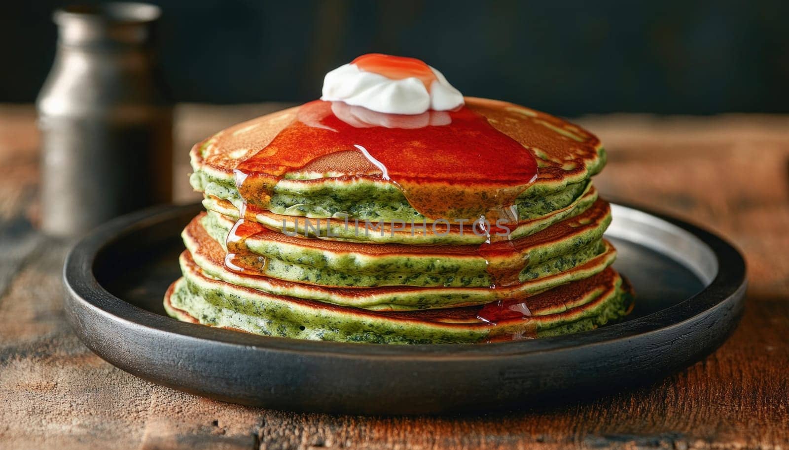 Delicious stack of green matcha pancakes being topped with syrup on dark plate