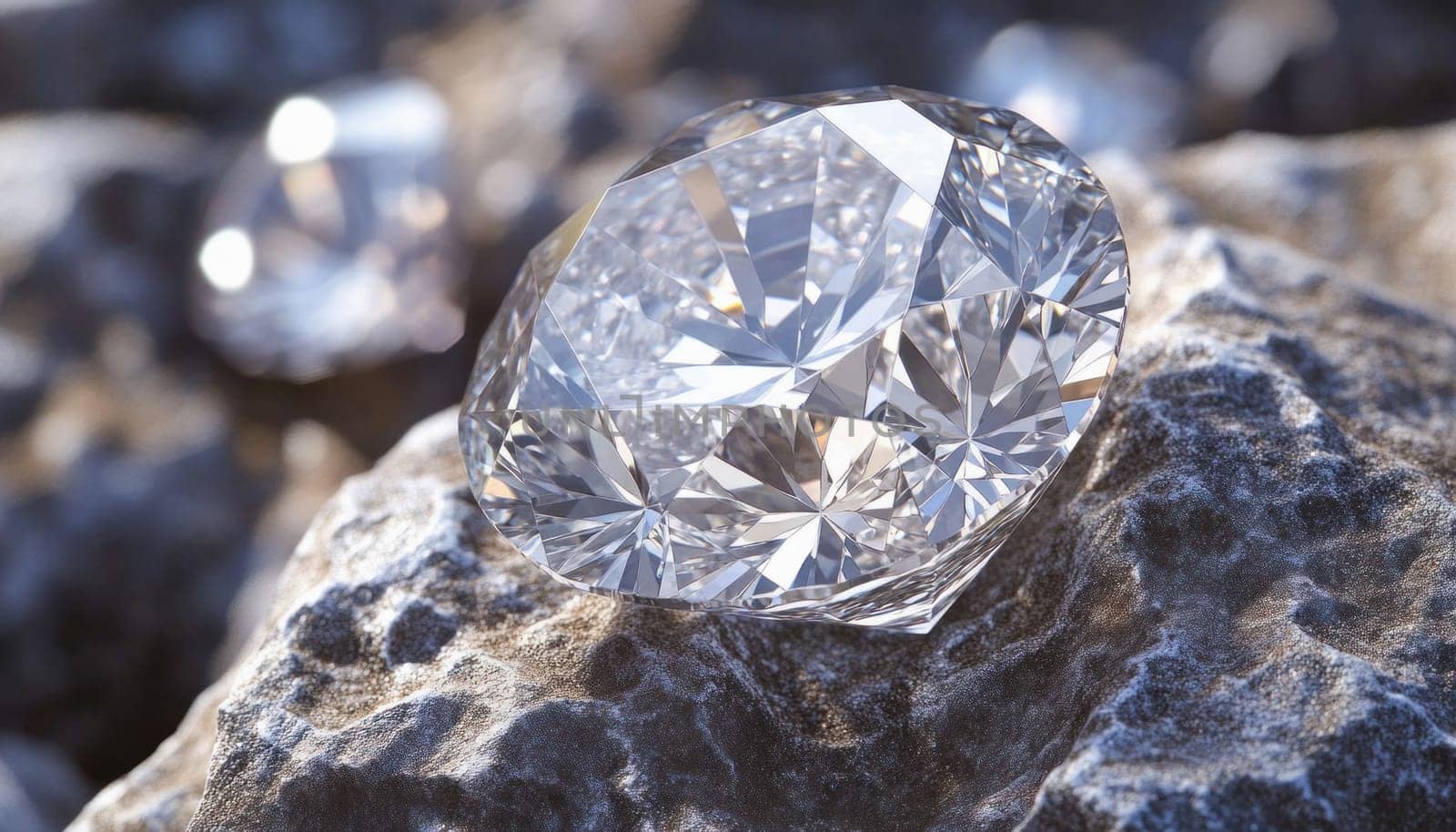 Large brilliant cut diamond is shining while laying on a rock surface