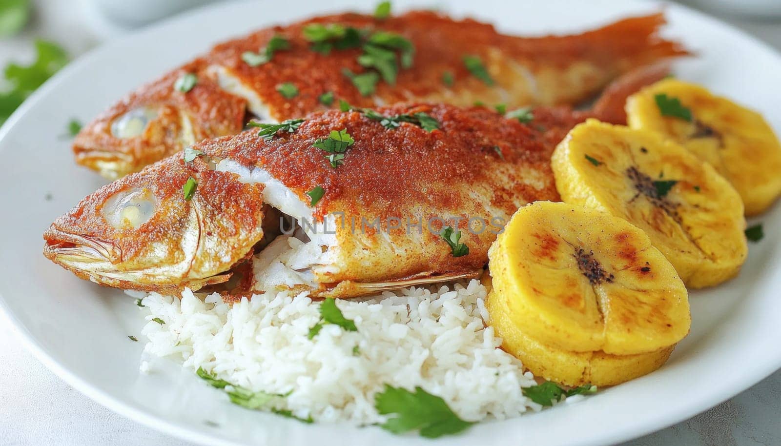 Two fried whole fish seasoned with paprika and parsley are served on a white plate with plantains and rice