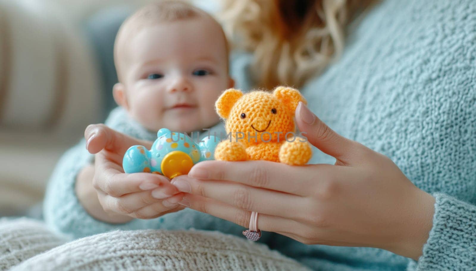 Mother is holding a knitted teddy bear and a toy car for her baby, who is looking on with interest