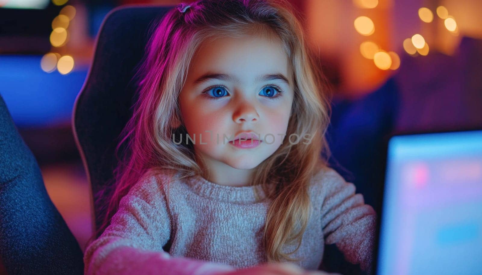 Little girl with deep blue eyes illuminated by the screen playing on a laptop in a dark room at home