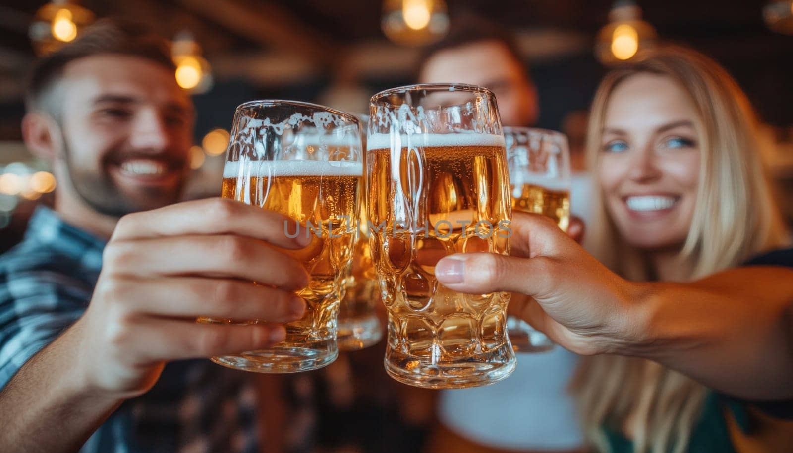 Group of friends having fun and drinking beer at pub