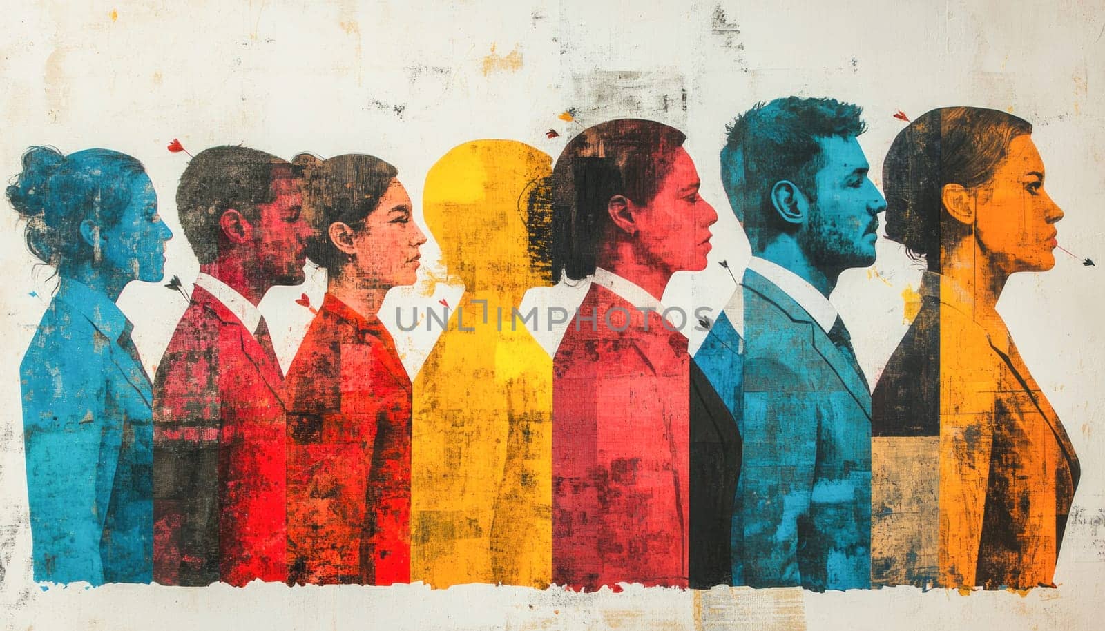 Business people silhouettes are standing in a line with arrows in their heads