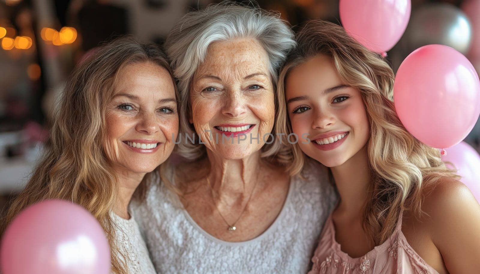 Grandmother, her daughter, and granddaughter are posing for a photo while celebrating with pink balloons