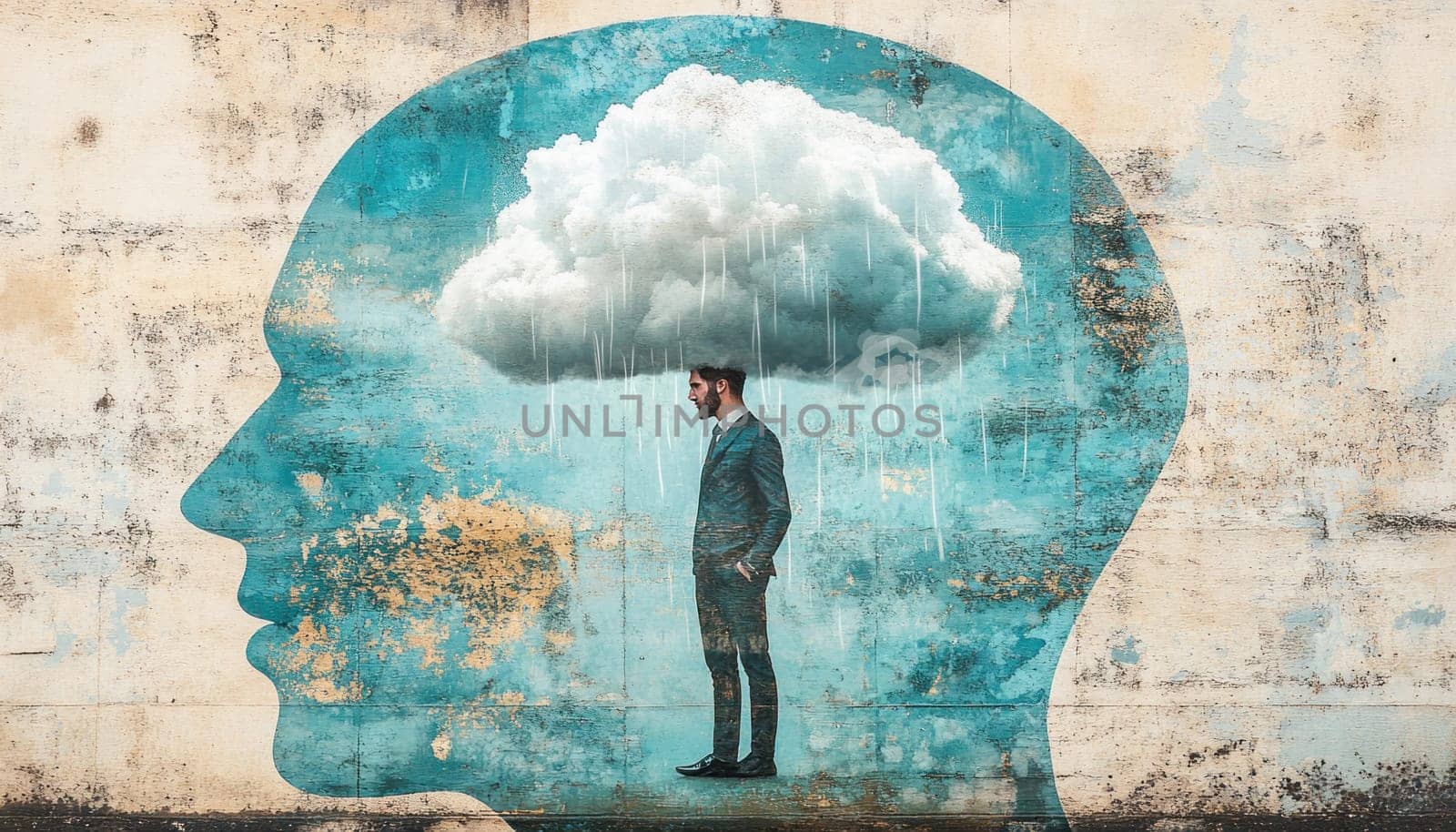 Surreal image depicting mental health issues with a businessman standing under a rain cloud inside a giant head silhouette painted on a wall
