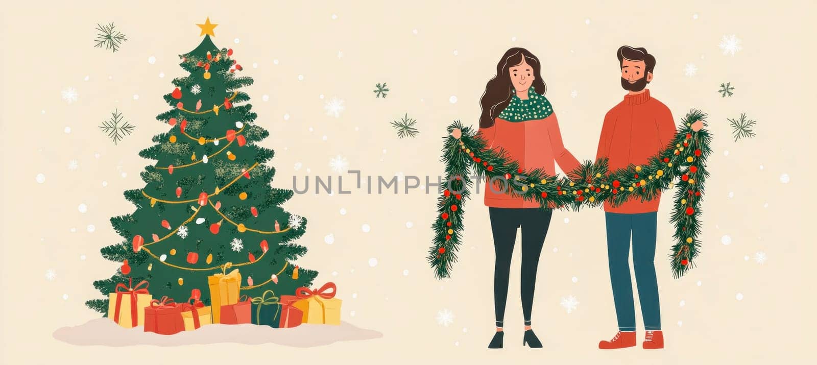 Young couple is decorating their home for christmas with a garland and a tree with presents underneath