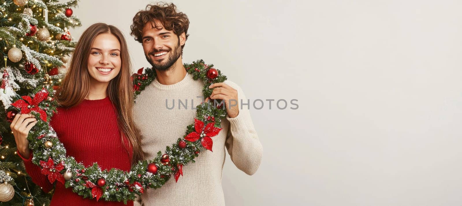 Young couple is holding a christmas garland and smiling with a christmas tree in the background