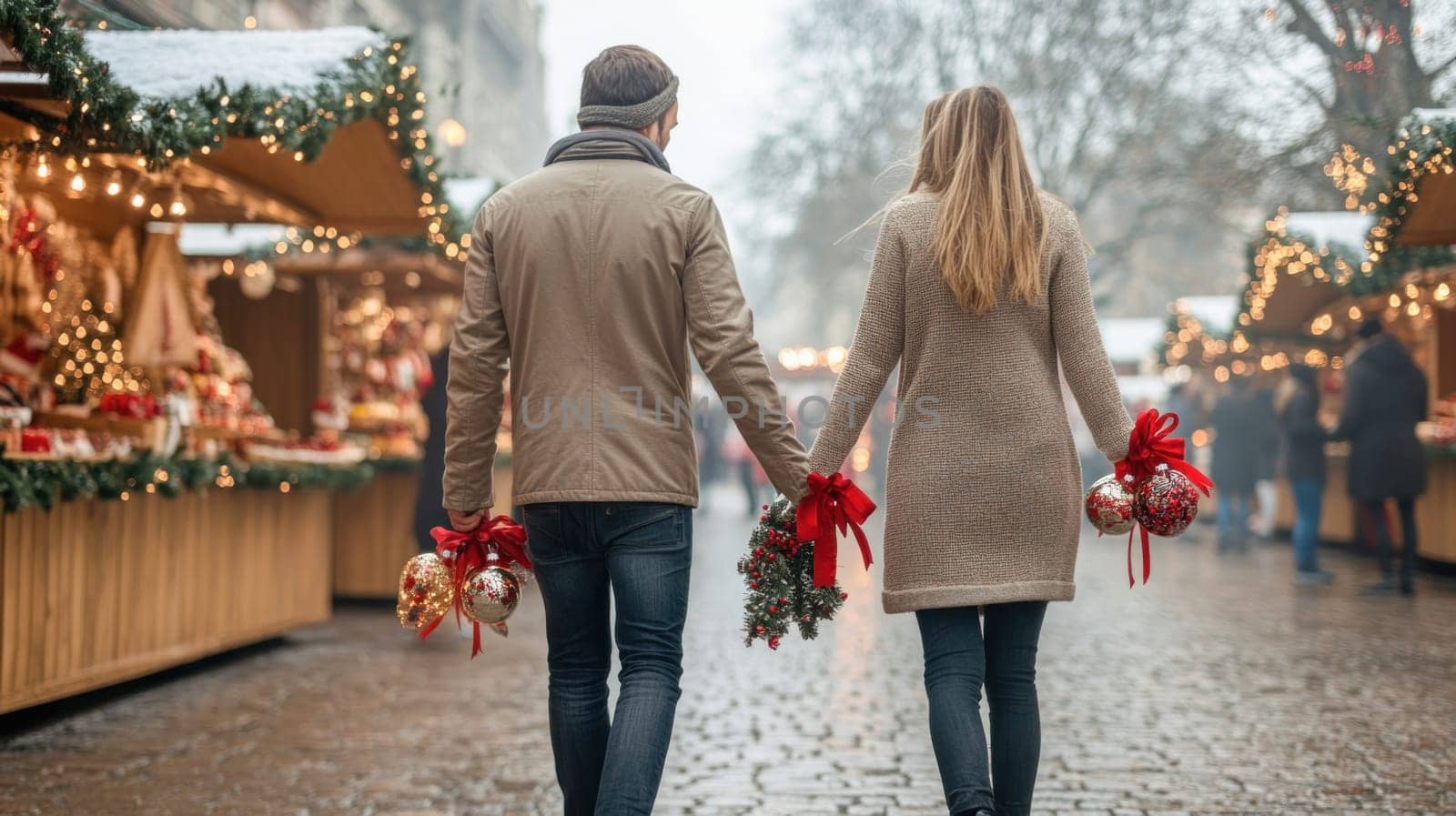 Romantic couple holding hands and carrying christmas decorations is enjoying walking on christmas market in europe