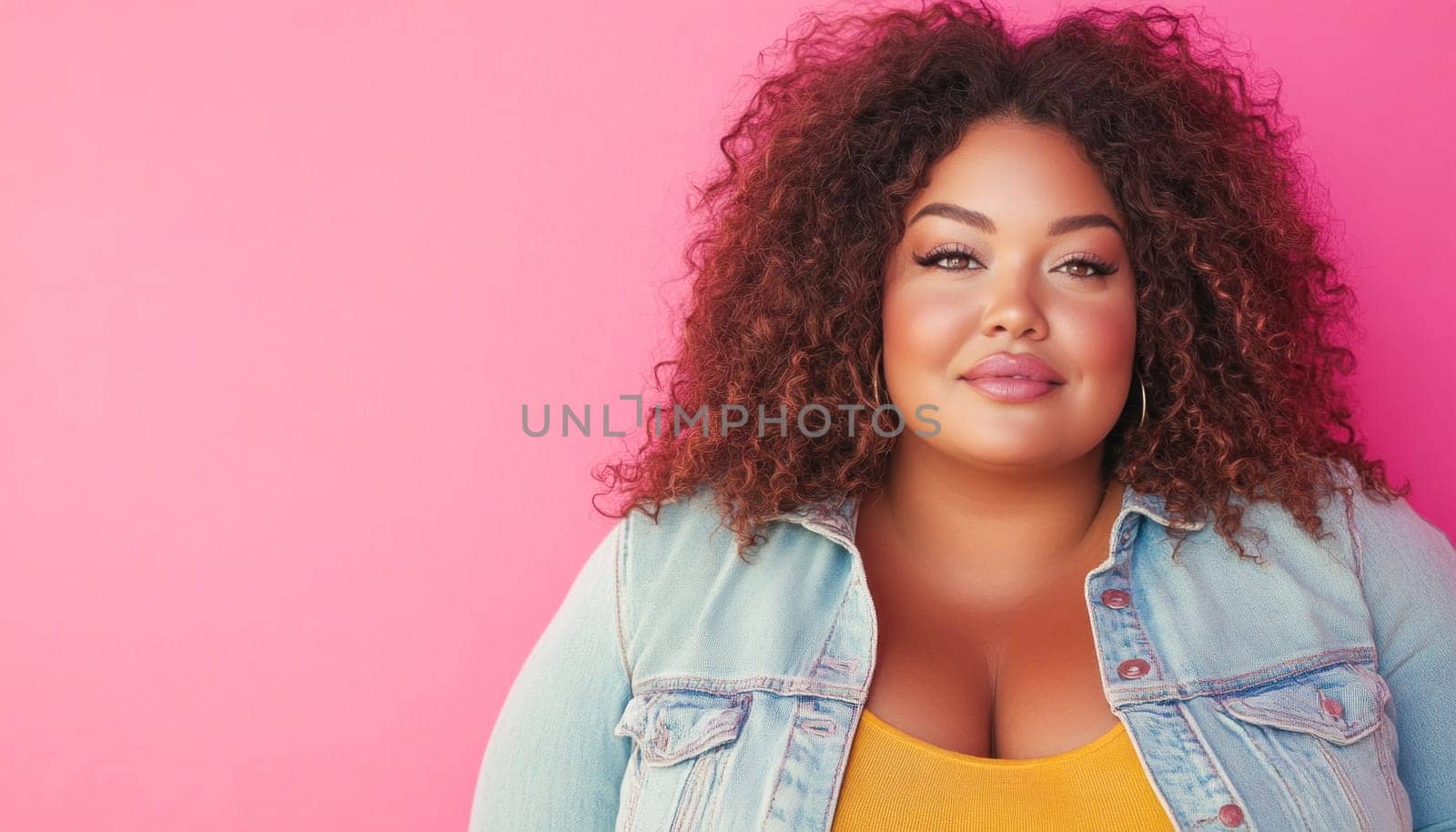 Beautiful plus size model with curly hair is posing in a studio, wearing a denim jacket