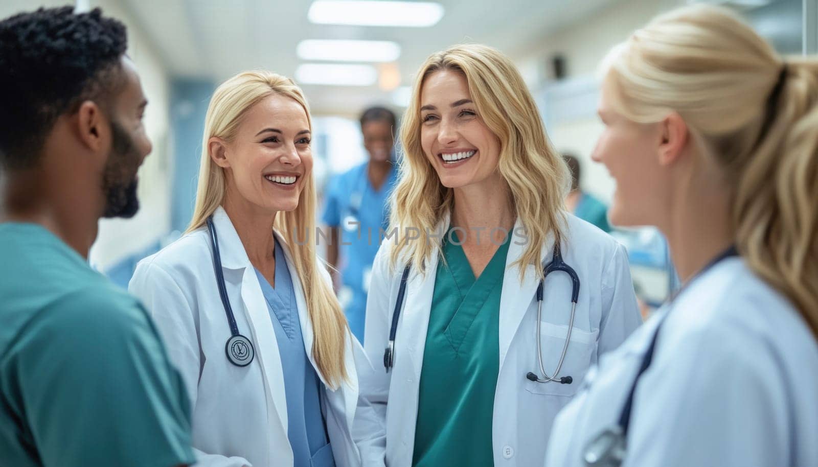 Diverse medical team is laughing and talking together in the hallway of a busy hospital