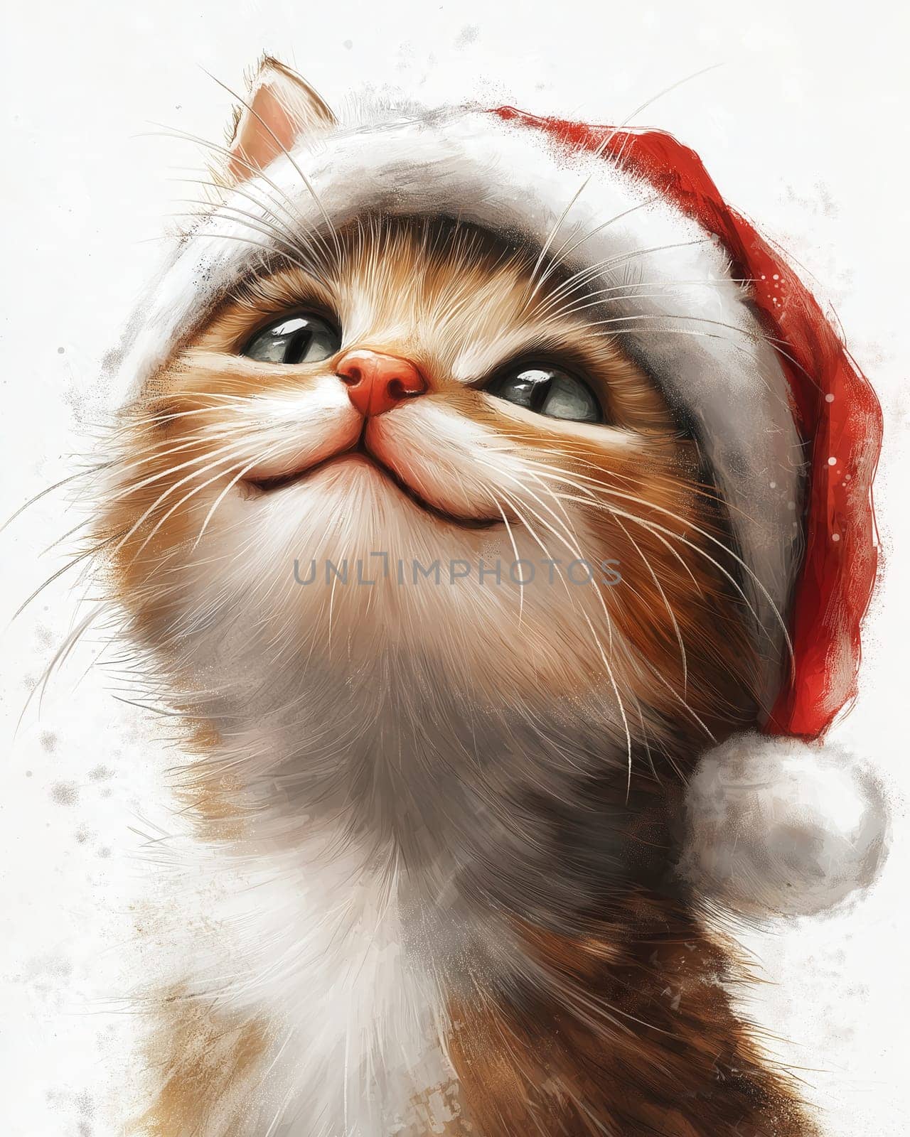 Cartoon cat in a Santa hat on a white background. Selective focus.