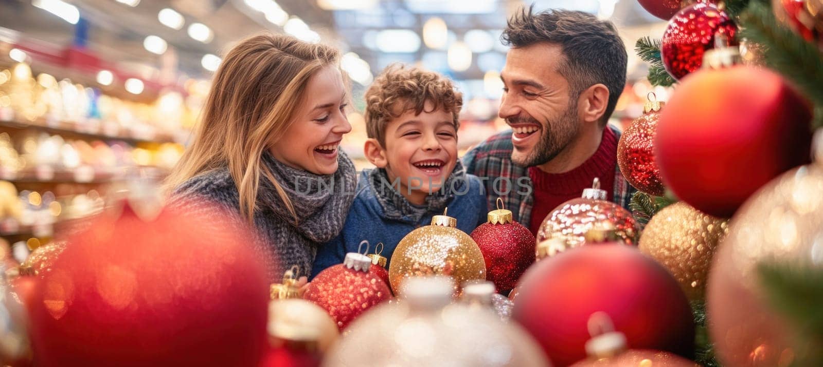 Young family is laughing while choosing christmas baubles in a supermarket