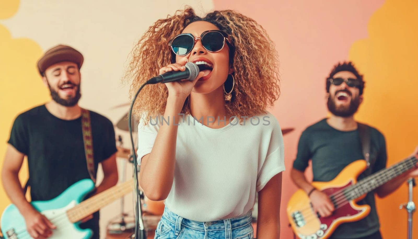 Young woman is singing with her band in a trendy pub