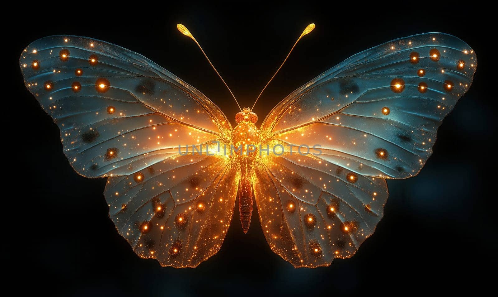 A mystical glowing butterfly on a black background. Selective focus.